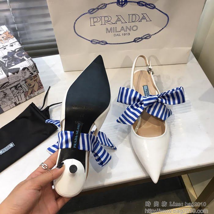 PRADA普拉達 2019早春新款 蝴蝶結絲帶 百搭款 高跟涼鞋 牛漆皮 女尖頭鞋 一鞋兩穿  ljl1460